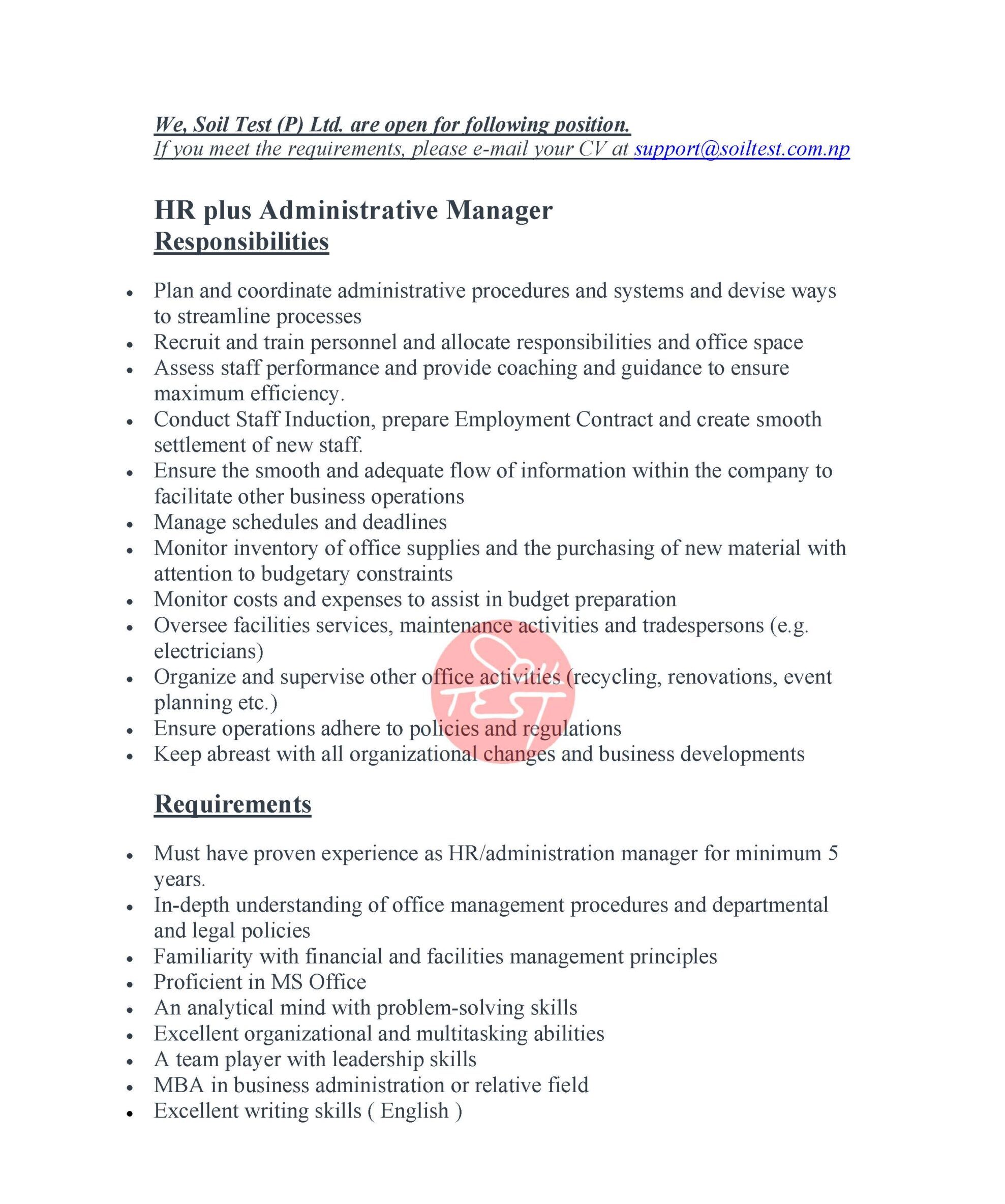 vacancy for HR and Administrative Manager at Soil Test